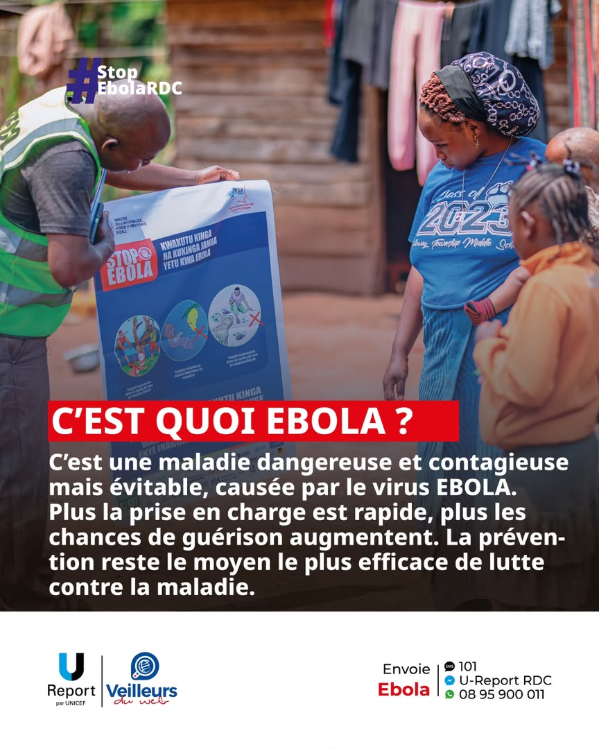 VainqKamanda's tweet photo. Ebola est une maladie dangereuse et contagieuse mais évitable, causée par le virus Ebola.

Plus la prise en charge est rapide, plus les chances de guérison augmentent. La prévention reste le moyen efficace de lutte contre la maladie.

Envoie EBOLA au 101 (gratuit)
#StopEbolaRDC https://t.co/oQilc2hpPX