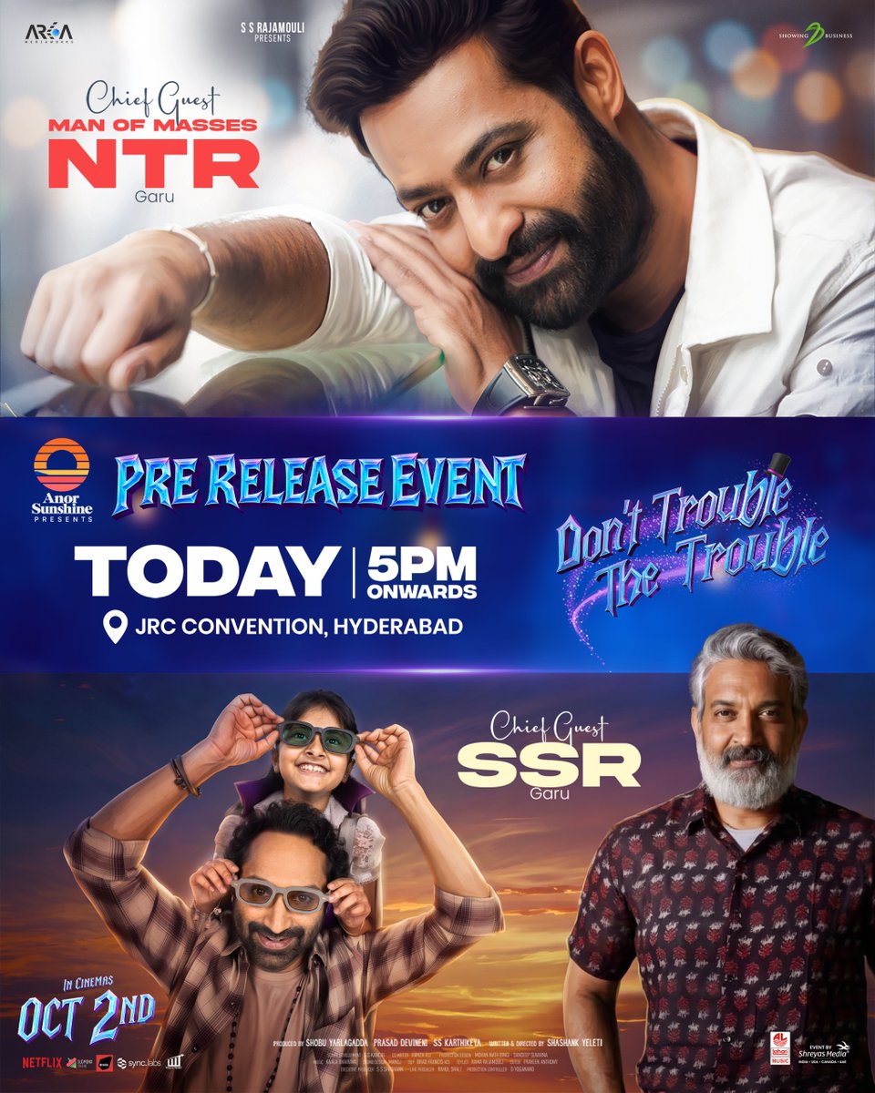 shreyasgroup's tweet photo. The Trouble Is About To Take Over Hyderabad. 🔥

A world of imagination, innocence and unexpected chaos arrives at JRC Convention as @tarak9999  Garu and @ssrajamouli Garu join the Pre-Release Event of Don’t Trouble The Trouble.❤️‍🔥

📅 TODAY | 5PM onwards 
📍JRC Convention, Hyderabad

Stay Tuned ▶️ https://t.co/gzYH2vdYs5

Event by @shreyasgroup✌️ 

Presents by #AnorSunshine 💥

#DontTroubleTheTrouble In Cinemas from October 2nd!🤩

#DontTroubleTheTroubleTeluguPreReleaseEvent #DontTroubleTheTroubleTeluguPreReleaseEventHyderabad #DTTTonOct2nd #DTTTMovie #FahadhFaasil @ShashankYeleti @ssk1122 @Shobu_ @kaalabhairava7 #PrasadDevineni @ArkaMediaWorks @SBbySSK @LahariMusic #ShreyasGroup #ShreyasMedia
