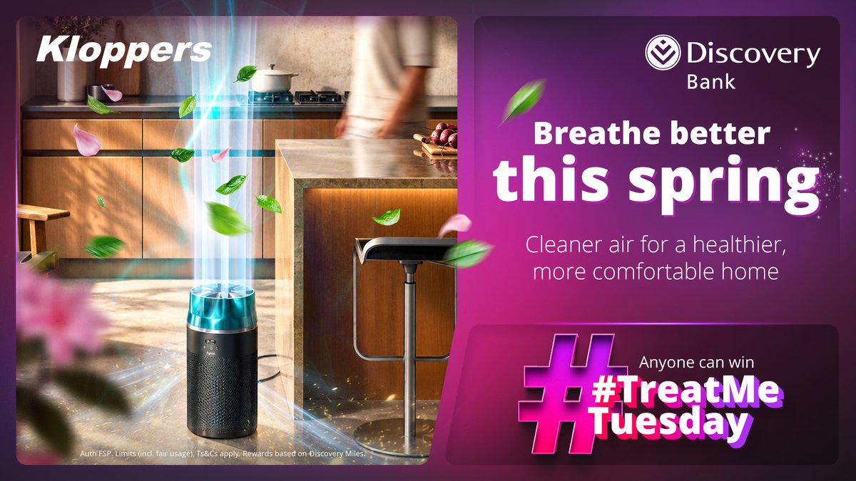 Discovery_SA's tweet photo. Breathe easier this season with a Dyson Air Purifier from @KloppersSA and earn up to 15% back in Ðiscovery Miles.

Plus, this Treat Me Tuesday, you stand to win Ð50,000 by sharing why banking with us feels like a breath of fresh air? Reply with 💜DiscoveryBestBank. Ts&amp;Cs apply. https://t.co/EoXRsbxW5y