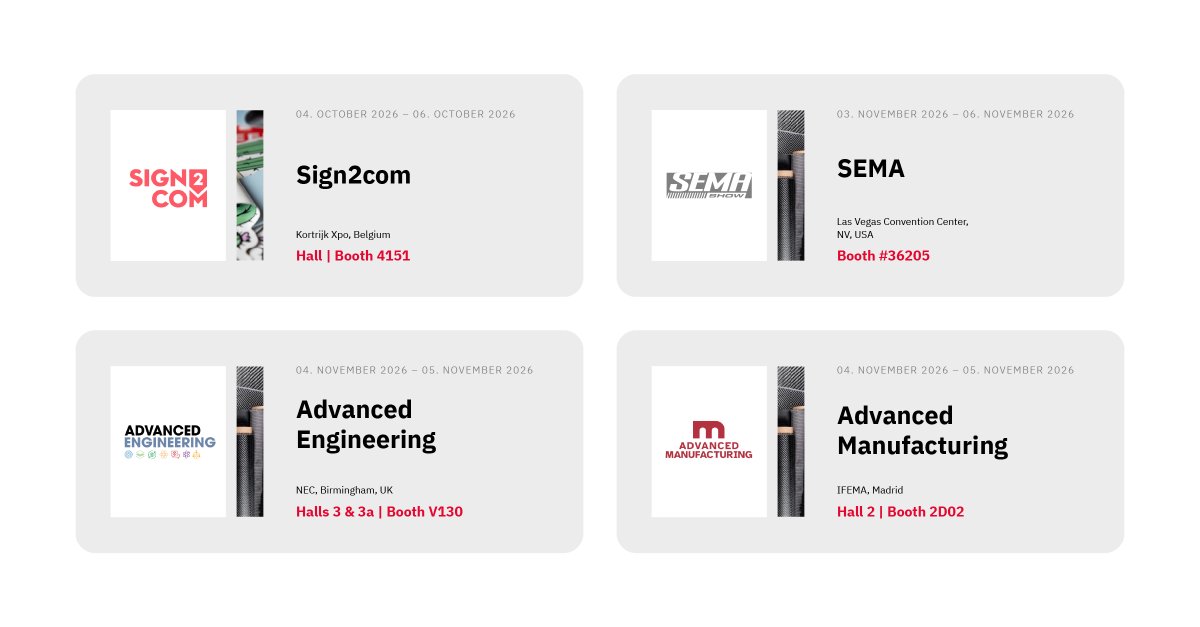 ZundCutter's tweet photo. 📆 Our upcoming trade shows! Zünd is present at all major trade fairs worldwide, where they showcase the latest digital cutting innovations for all markets. Overview 👉 https://t.co/VX3DED1I2a #zundcutter #sign2com2026 #sema2026 #advancedengineering2026 #advancedmanufacturing2026 https://t.co/bPfdrmqQzE