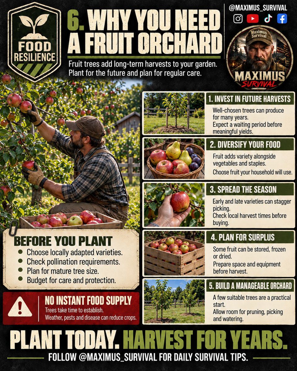 Maximus_Survive's tweet photo. 6️⃣ WHY YOU NEED A FRUIT ORCHARD

Some harvests begin with a decision made years earlier.

#FoodResilience #FruitOrchard #Prepper #Preparedness #FruitTrees #Homesteading #GrowYourOwnFood #SelfReliance #Survival #MaximusSurvival https://t.co/bswX8NCgRZ