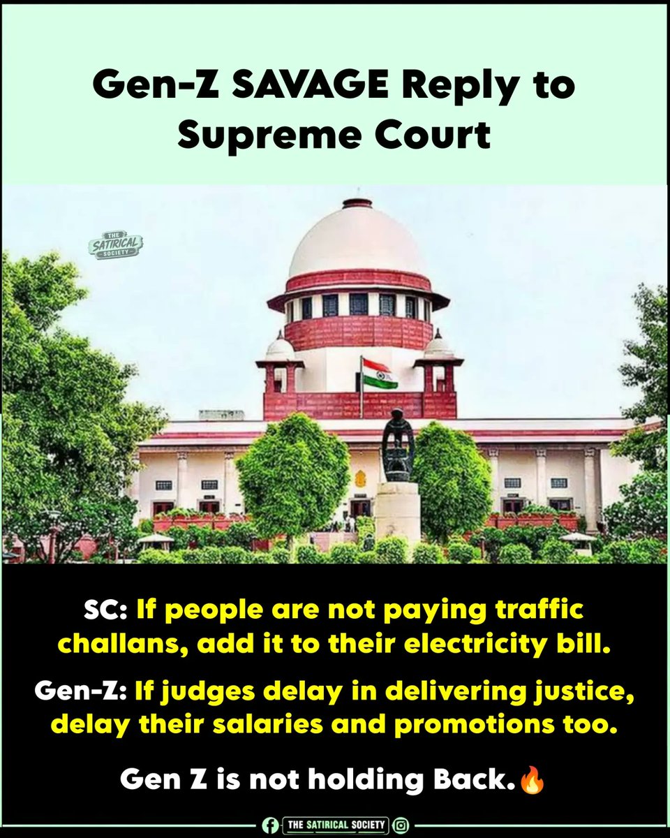 Kumarjyoti49291's tweet photo. Conversely, the Supreme Court had proposed that outstanding traffic fines be integrated with electricity billing statements to enhance collection rates. Conversely, Generation Z has provided a critical counterargument, contending that judicial compensation and career advancement should similarly be contingent upon the resolution of pending litigation. 🔥😂
.
#SupremeCourt #genz #TrafficChallan #GodiMedia #cjp