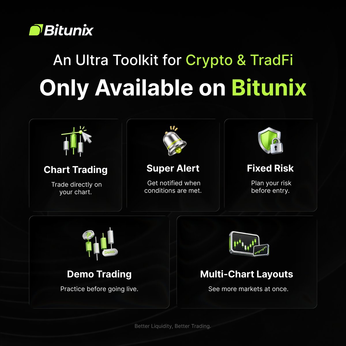 BitunixOfficial's tweet photo. One toolkit. More ways to trade.

From planning and practice to alerts and execution, Bitunix Ultra brings the tools together across Crypto and TradFi.

Better Liquidity. Better Trading.

👉 Explore the Ultra toolkit on Bitunix: https://t.co/7criRk7KBT https://t.co/Jqp1EShssK
