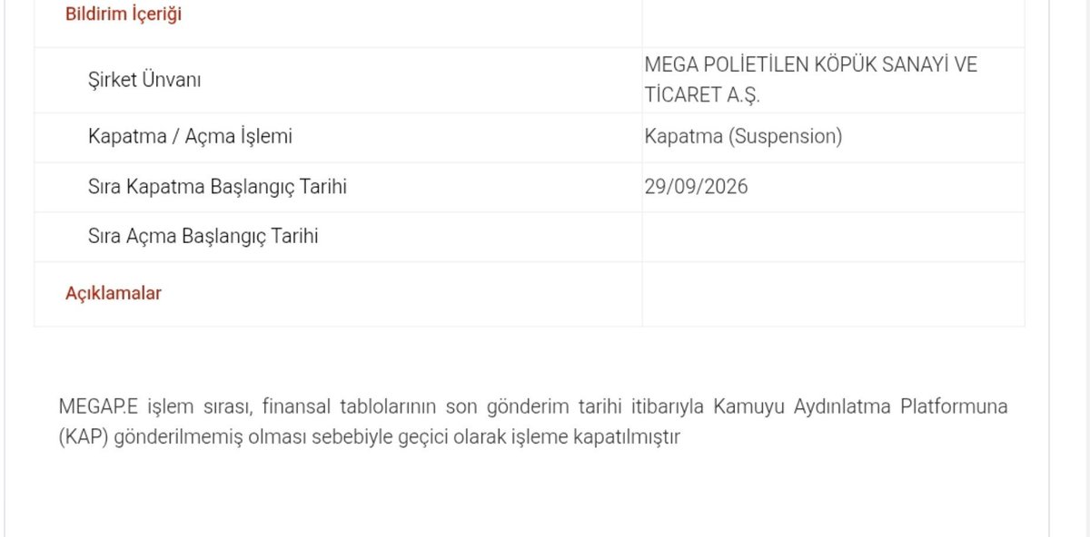 Piyasa1453's tweet photo. #MEGAP Mega Polietilen, bilançosunu son gönderim tarihi itibariyle KAP'a bilmedirmediği için tahtası kapatıldı. https://t.co/rW6idQ9Uuo