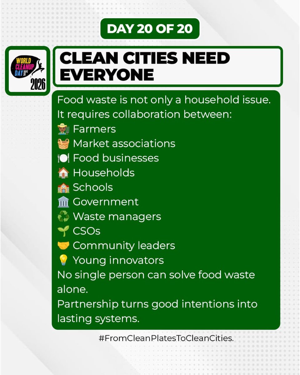 BenueAID's tweet photo. Day 20 — Everyone Has a Role
Food waste is not only a household issue.
Farmers, market associations, food businesses, households, schools, government, waste managers, CSOs, community leaders and young innovators all have a role to play.
#BenueAID
#CleanPlatesCleanCities https://t.co/sBKL51mmYf
