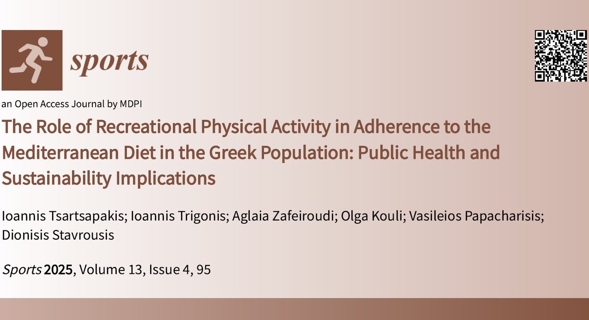 Sports_MDPI's tweet photo. #MDPIsports Welcome to read this paper - The Role of Recreational Physical Activity in Adherence to the Mediterranean #Diet in the Greek Population: Public Health and Sustainability Implications 👇
Dr. Ioannis Tsartsapakis et al.
https://t.co/KgmGfKK8Xs https://t.co/lcuQaP5GuI