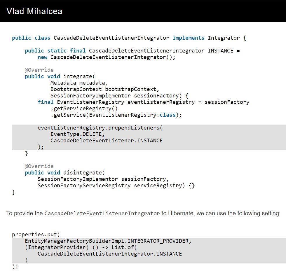 vlad_mihalcea's tweet photo. How to cascade DELETE with Spring and Hibernate events

https://t.co/gzyx6k3nCg https://t.co/WauFCYcTBN