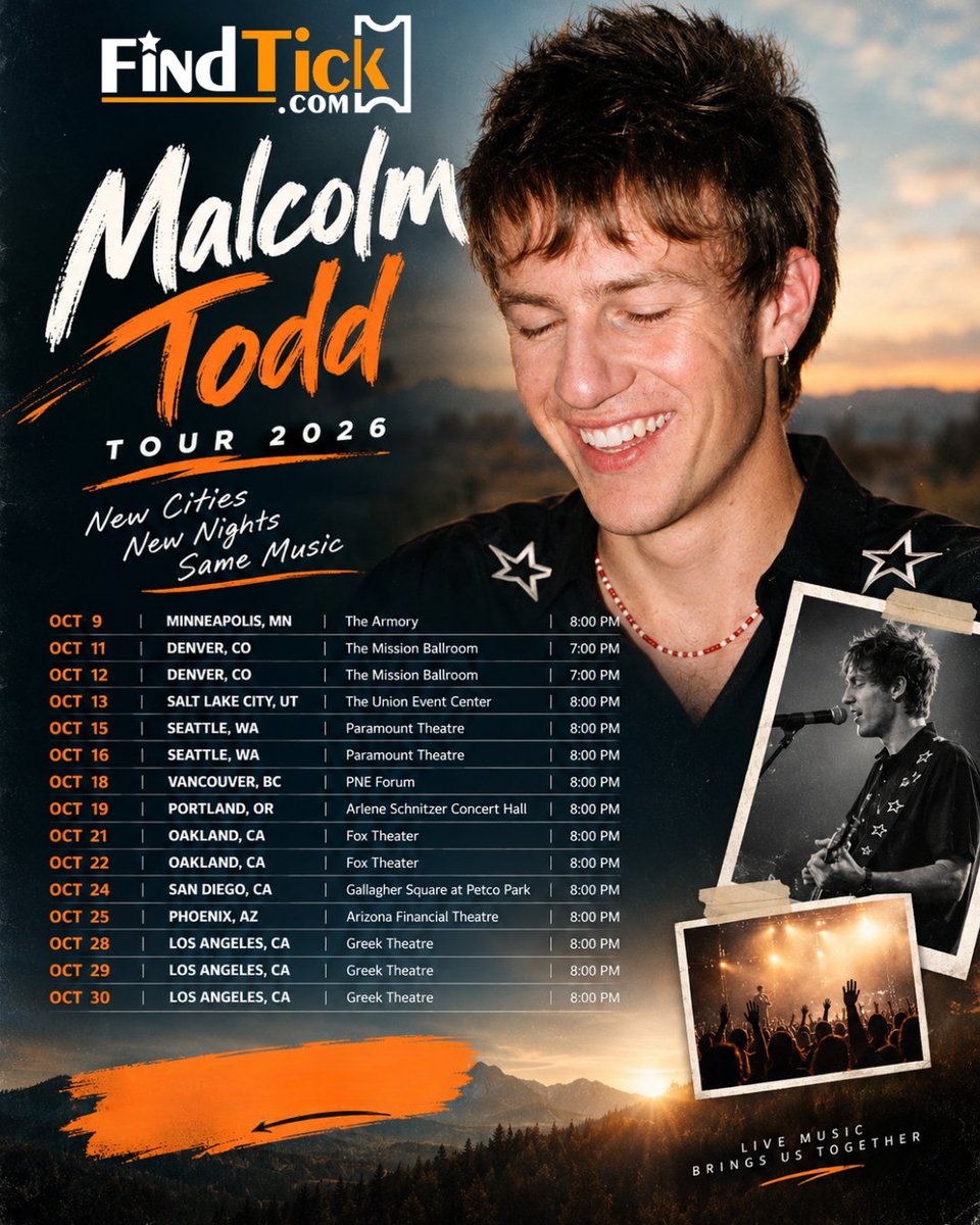 Findtickoffical's tweet photo. @MalcomOnTodd  – Tour 2026 🎤✨
⠀
Smooth vocals, indie-pop melodies, personal songwriting, and intimate live energy arrive in 2026.
⠀
🎟️ Find your tickets with FindTick.
https://t.co/xw0u9UXwKk
⠀
#malcolmtodd #indiepop #liveconcert #findtick https://t.co/CBulvxvT1m