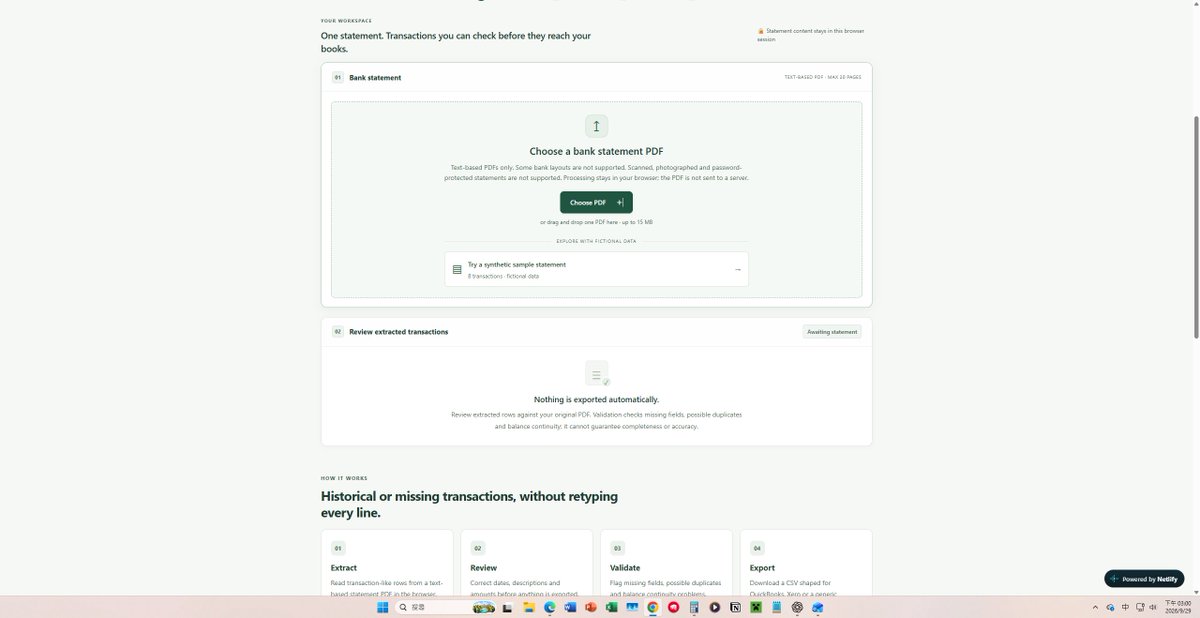 JerryBuildspmn's tweet photo. Today I froze V1.
It now turns text-based bank statement PDFs into reviewable CSVs, flags obvious issues, and keeps the statement in your browser.
No more feature creep for now.
Next step: 5 real bookkeepers, real workflows, real feedback. 🧾
#buildinpublic https://t.co/AB03zEuGN2