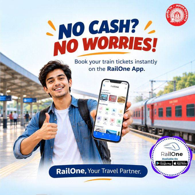 CommercialBSL's tweet photo. 🚆📱 No Cash? No Worries!

ट्रेन टिकट बुकिंग को बनाएं आसान और सुविधाजनक। RailOne App के माध्यम से ट्रेन टिकट तुरंत बुक करें और अपनी रेल यात्रा को बनाएं और भी सरल।

RailOne – आपका Travel Partner!

#RailOne #IndianRailways #DigitalIndia #TrainTicket #RailTravel #CentralRailway https://t.co/HaQ4mK7m2M