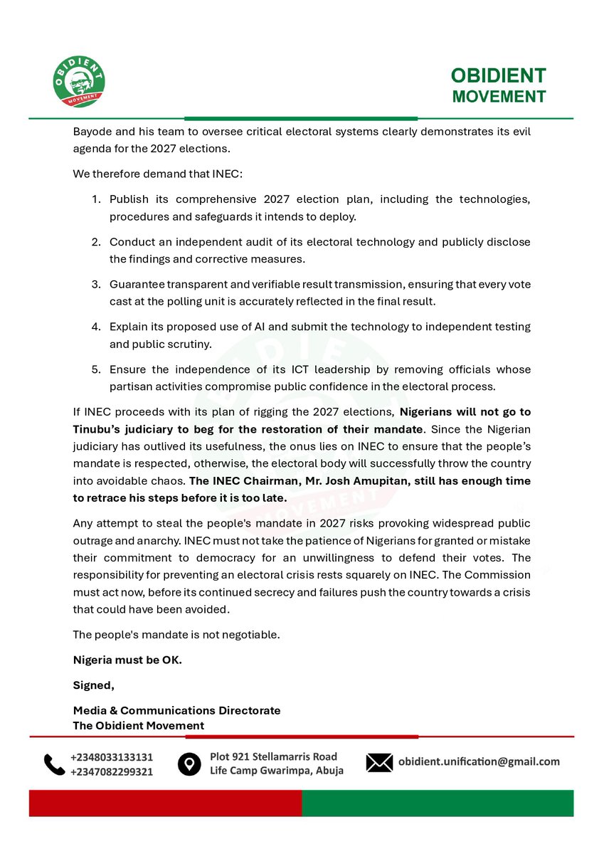 ObidientUpdate's tweet photo. PRESS STATEMENT

INEC’S APPARENT COLLUSION WITH THE APC IS PUSHING NIGERIA TOWARDS ANARCHY IN 2027 https://t.co/1TYYuUyq26