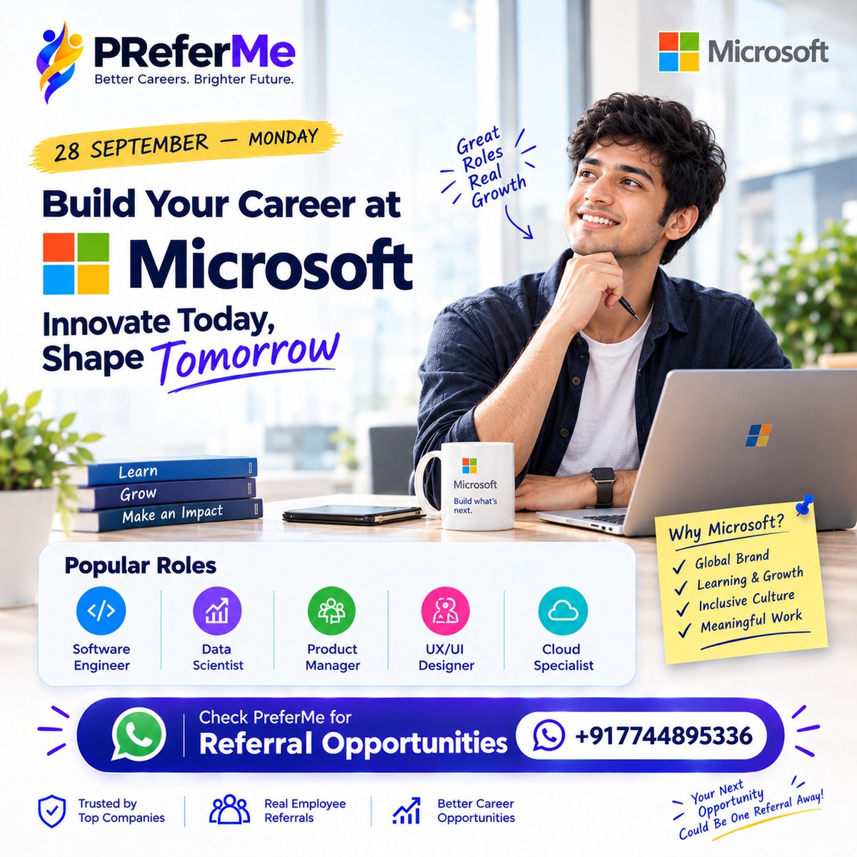preferme_ai's tweet photo. 🚀 Your next career opportunity is one referral away!

Looking to join Microsoft? Explore roles across Software Engineering, Data Science, Product Management, UX/UI, and Cloud.

📲 Head to PreferMe for employee referrals and level up your career!

#PreferMe https://t.co/NGPzl3ObsF