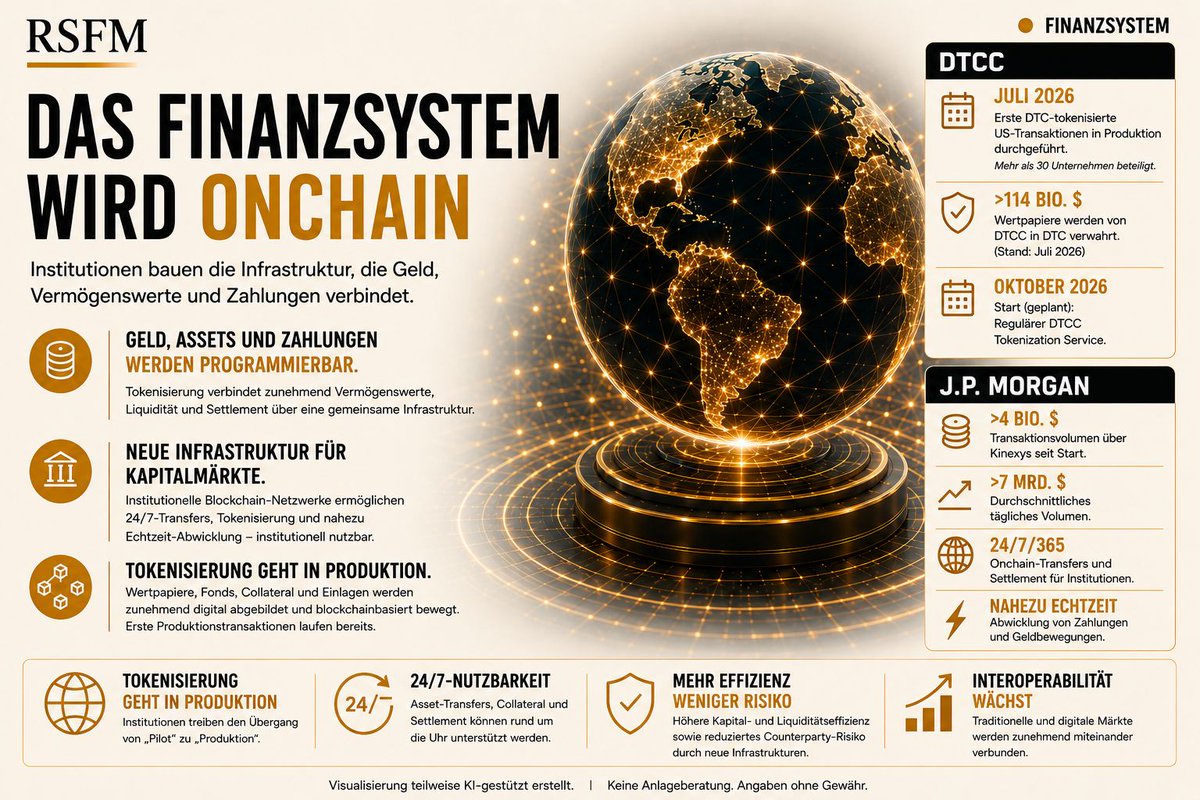RSFM_Official's tweet photo. 🏛️ DAS FINANZSYSTEM WIRD ONCHAIN

Während der Markt über einzelne Coins diskutiert, verändert sich im Hintergrund etwas wesentlich Größeres:

Die Infrastruktur der globalen Finanzmärkte beginnt, sich auf Blockchain-Technologie zu verlagern.

DTCC hat im Juli erstmals DTC-verwahrte Wertpapiere tokenisiert und in realen Produktionstransaktionen eingesetzt.

Mehr als 30 Unternehmen waren beteiligt.

Die Dimension dahinter ist enorm:
DTC verwahrt Wertpapiere im Wert von mehr als 114 Bio. $.

Parallel skaliert J.P. Morgan seine eigene Blockchain-Infrastruktur:

→ >4 Bio. $ Transaktionsvolumen über Kinexys seit Start
→ >7 Mrd. $ durchschnittliches Tagesvolumen
→ 24/7/365 Onchain-Transfers und Settlement
→ nahezu Echtzeit-Abwicklung

Der entscheidende Punkt:

Wir bewegen uns vom Blockchain-Pilotprojekt zur produktiven Finanzinfrastruktur.

Wertpapiere werden tokenisiert.
Collateral wird programmierbar.
Geld bewegt sich rund um die Uhr.
Settlement wird schneller.
Traditionelle und digitale Märkte beginnen sich zu verbinden.

Unsere Einordnung:

Der langfristig vielleicht größte Blockchain-Use-Case ist nicht Spekulation.

Es ist die Modernisierung der Infrastruktur, auf der Billionen an Vermögenswerten bewegt, verwahrt und abgewickelt werden.

Und genau deshalb sollte man bei Tokenisierung nicht nur auf einzelne Coins schauen.

Die wichtigere Frage lautet:

Wer stellt künftig die Netzwerke, Liquidität und Infrastruktur bereit, auf denen diese Assets tatsächlich bewegt werden?

Die Tokenisierung des Finanzsystems wird nicht mehr nur getestet.

Sie geht in Produktion.

#Tokenisierung #Blockchain #Finanzmärkte
