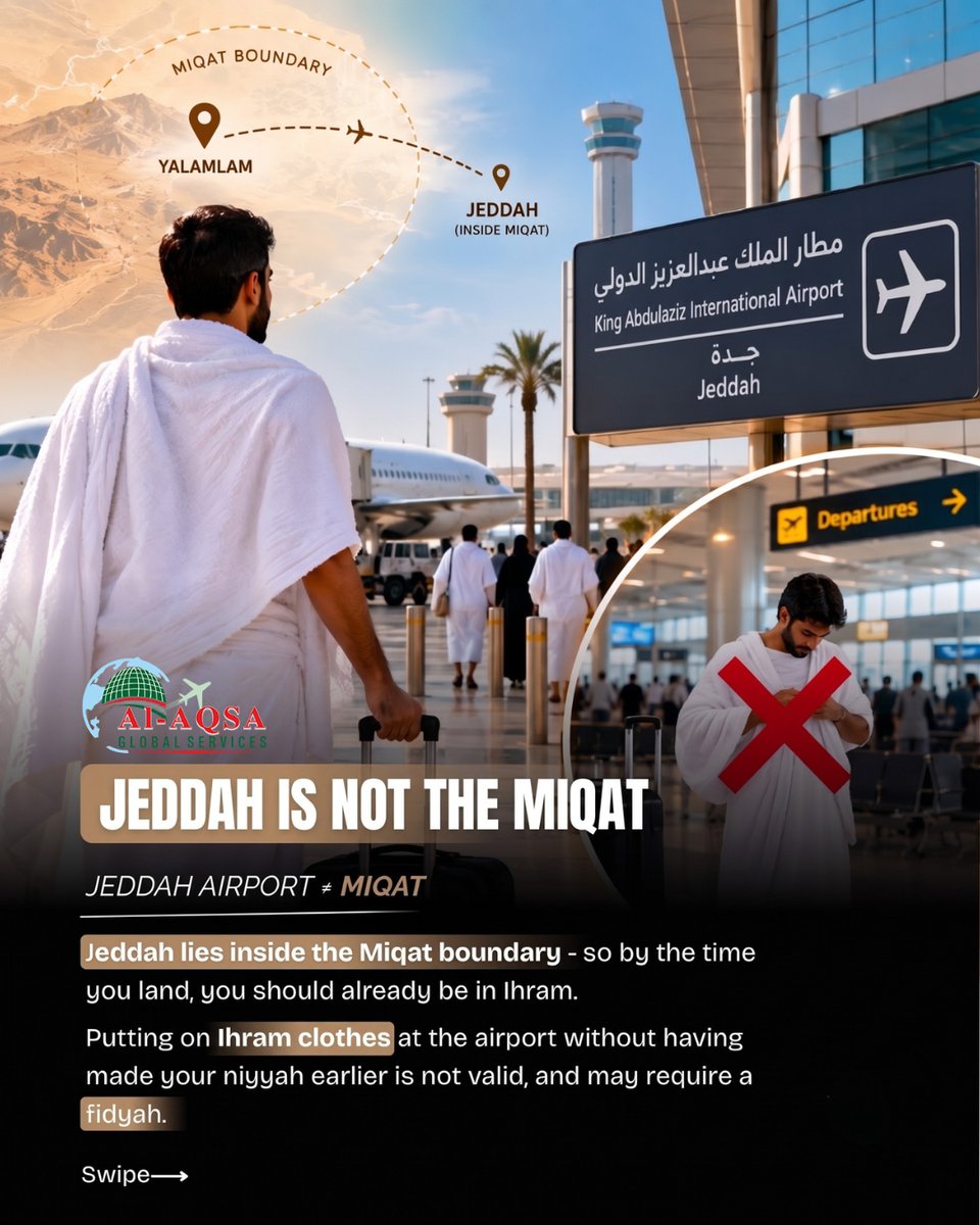 alaqsaglobal's tweet photo. DID YOU KNOW? YOUR MIQAT MAY BE BEFORE YOU REACH JEDDAH! ✈️🕋

For pilgrims travelling by air, you can cross the Miqat while still in the sky—so be prepared before landing in Jeddah.
.
.
.
.
.
.
.
.
.
.
#AlAqsaGlobalServices #umrahwithalaqsa #umrah2026 https://t.co/0xoFMArJ4j