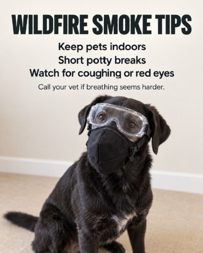 NoHoVet's tweet photo. Wildfire smoke can affect pets too. 🐾 Keep them indoors, limit outdoor breaks, and watch for coughing, red eyes, or harder breathing. If symptoms appear, call your veterinarian. #PetSafety #WildfireSmoke #PetHealth https://t.co/Hl0y3CKbMX