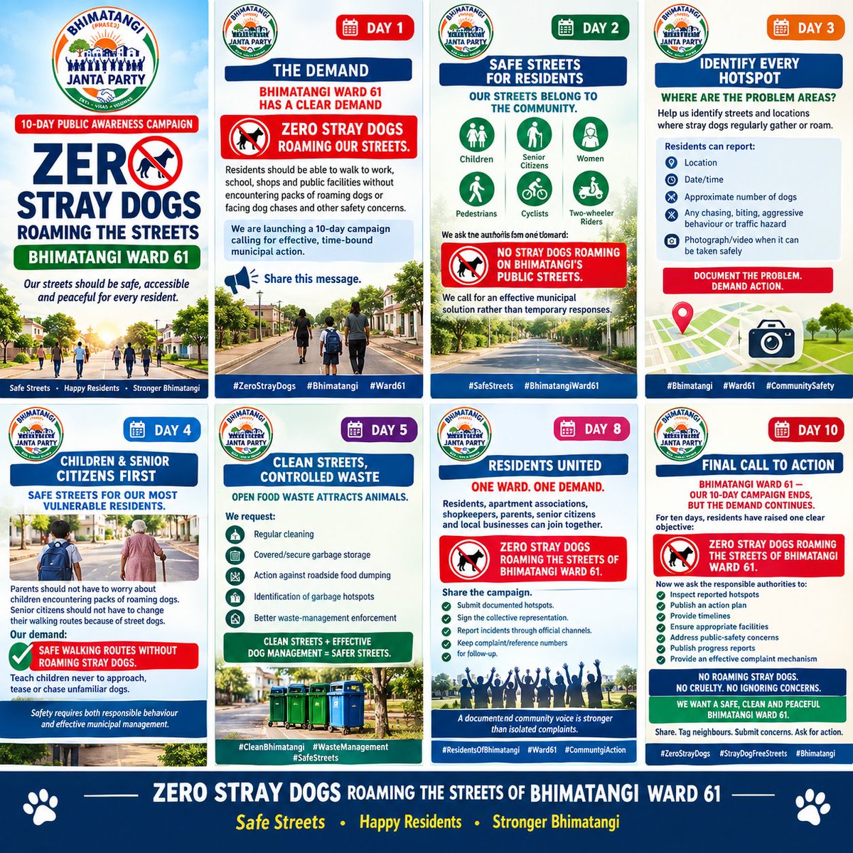 BhimatangiP2JP's tweet photo. Bhimatangi Ward 61 | 10-Day Public Awareness Campaign
A community campaign highlighting concerns about stray dogs roaming public streets and calling for safe streets, documented reporting, municipal action, and humane solutions.
#Bhimatangi #Ward61 #SafeStreets #StrayDogs https://t.co/B4bjezJjpg