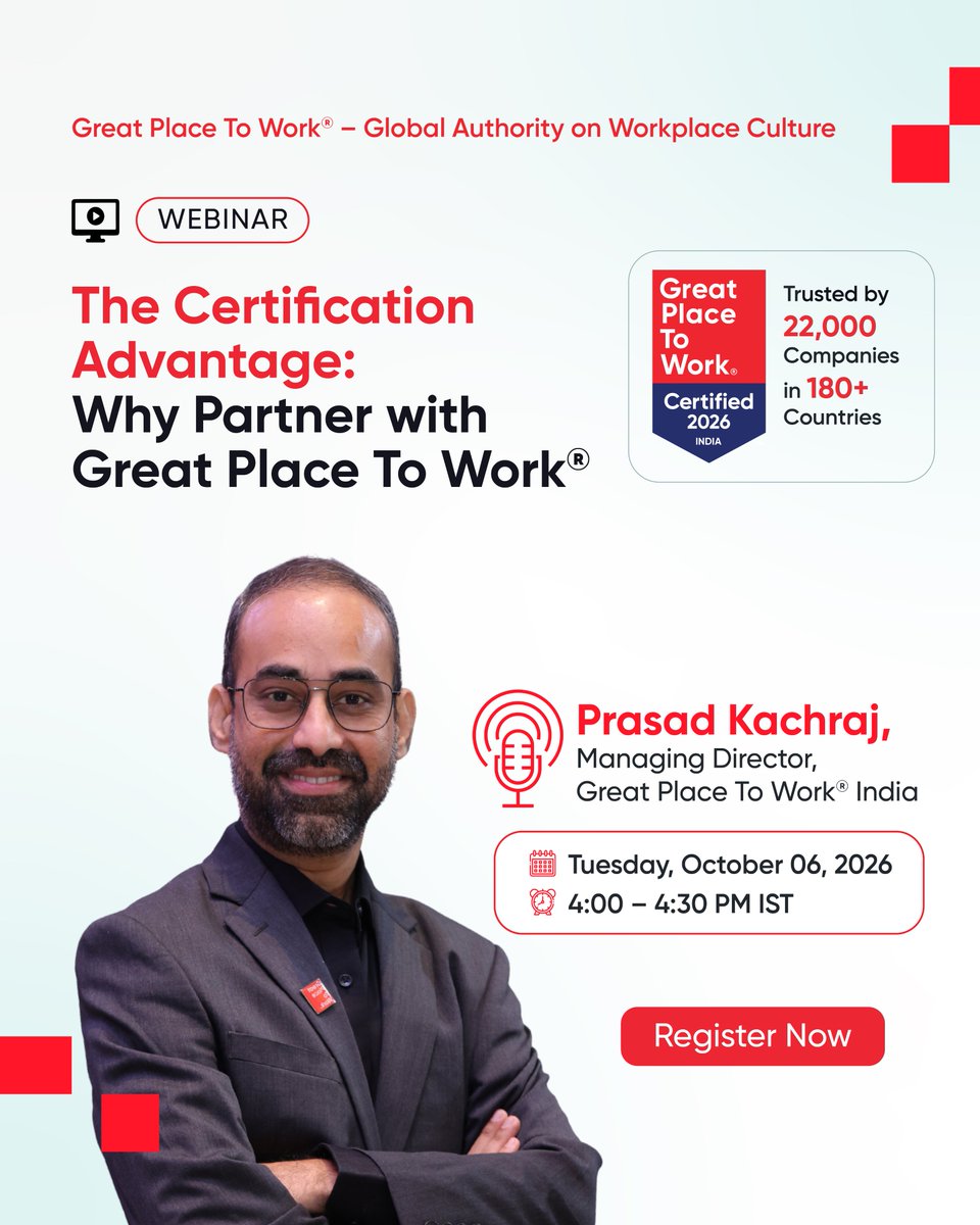 GPTW_India's tweet photo. What makes a Great Place To Work® partnership truly impactful?

Join Prasad Kachraj, Managing Director, Great Place To Work India, for an exclusive webinar on The Certification Advantage: Why Partner with Great Place To Work.

Discover how a high-trust workplace culture drives business performance, leverages data-backed people insights, and elevates your employer brand to attract top talent.

Wednesday, October 6, 2026
4:00 – 4:30 PM IST

Register now - https://t.co/btSr6pnboh

#GreatPlaceToWork #WorkplaceCulture #EmployerBranding #CertificationAdvantage #FutureOfWork