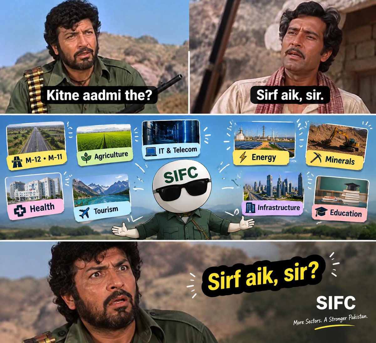 zarlish_27's tweet photo. “Kitne aadmi the?”

“Sirf aik, sir.”

Meanwhile that one aadmi:
Motorways 🤝 IT 🤝 agriculture 🤝 energy 🤝 minerals 🤝 health 🤝 tourism
sir ye aadmi hai ya multitasking ka final boss 😭
#sifc #pakistan #investment #memeaboutPakistan #meme https://t.co/SaR8iaO3N1