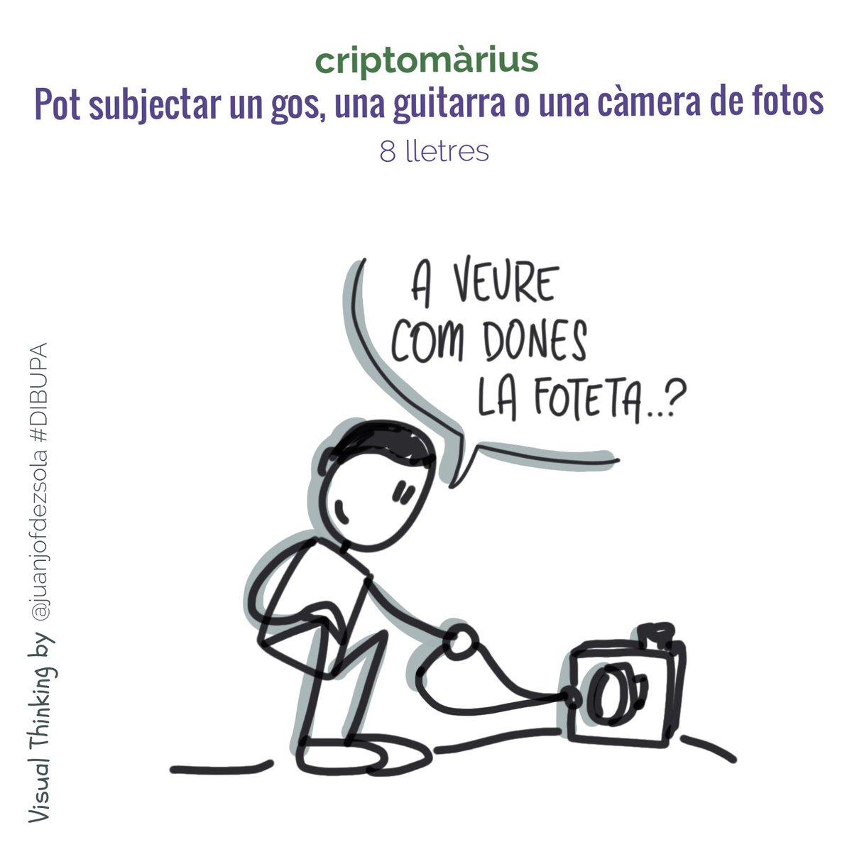juanjofdezsola's tweet photo. @mariusserra La meva resposta-pista #visualthinking al 29è #criptomàrius #fotomàrius del @mariusserra: "Pot subjectar un gos, una guitarra o una càmera de fotos" (8 lletres)

(Ara no li poseu un teleobjectiu al gos!🙄😅) https://t.co/EgUvkmwKXJ
