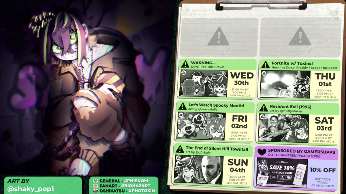 phisnom's tweet photo. THIS WEEK'S STREAM SCHEDULE 🧪⚠

🏷️ tags:
💚 general - #phisnom
 🎨 fanart - #biohazart || 🔞 - #toxsin
 📸 oshikatsu - #photoxin

🏆 featured art by @/shaky_pop1

💚 get my Vtuber Debut Merch below! 💚 https://t.co/4EgUWVg3KT
