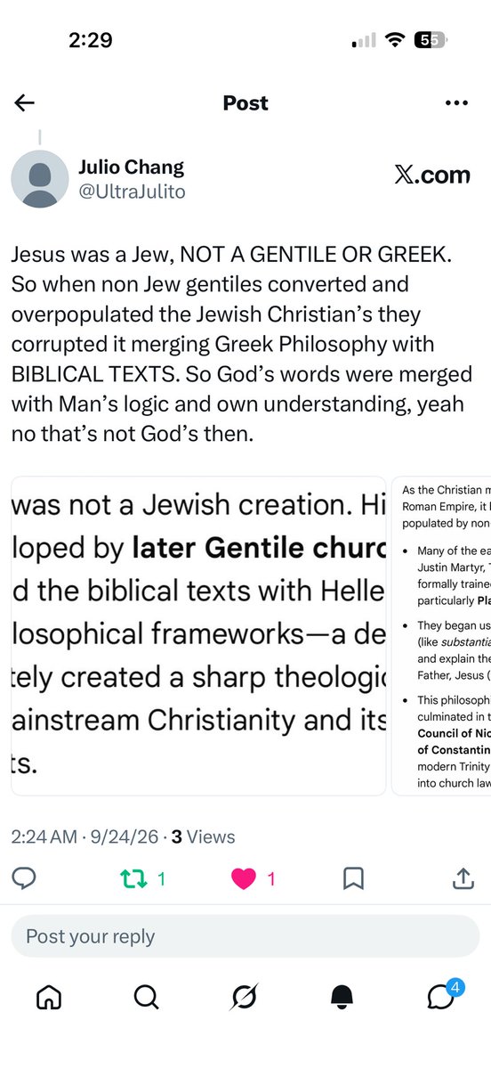 UltraJulito's tweet photo. @Putsncoffee @AbaddonSpeaks You’re so wrong, saying Jesus resurrected himself is HERESY. To follow the Trinity to is to follow the Gentiles and Greeks that used Greek philosophy to merge their own ideas with God’s word. Trinity was not a JEWISH IDEA and Jesus was a JEW, not a GENTILE OR GREEK. Trinity=Wrong https://t.co/RYlK3e0nIp