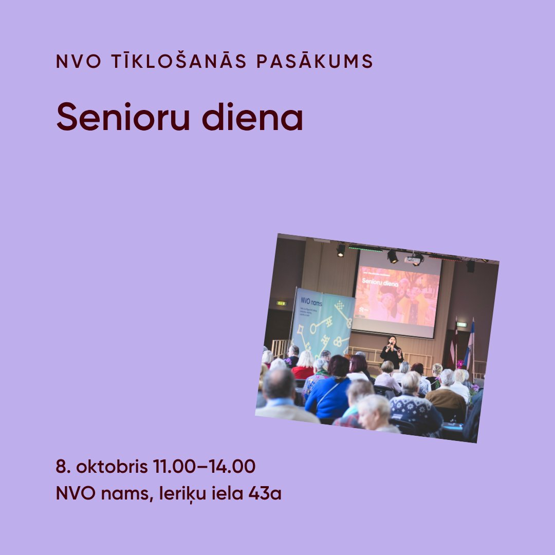NVOnams's tweet photo. NVO nams aicina piedalīties Starptautiskās senioru dienas veltītajā tīklošanās pasākumā “Senioru diena”.
Būs iespēja satikt domubiedrus, pavadīt laiku aktīvā gaisotnē un uzzināt vairāk par drošību ikdienā.
📅 8. oktobris, 11.00–14.00  
👉 Reģistrācija e-pastā: nvonams@riga.lv https://t.co/zG5C0jdZHs