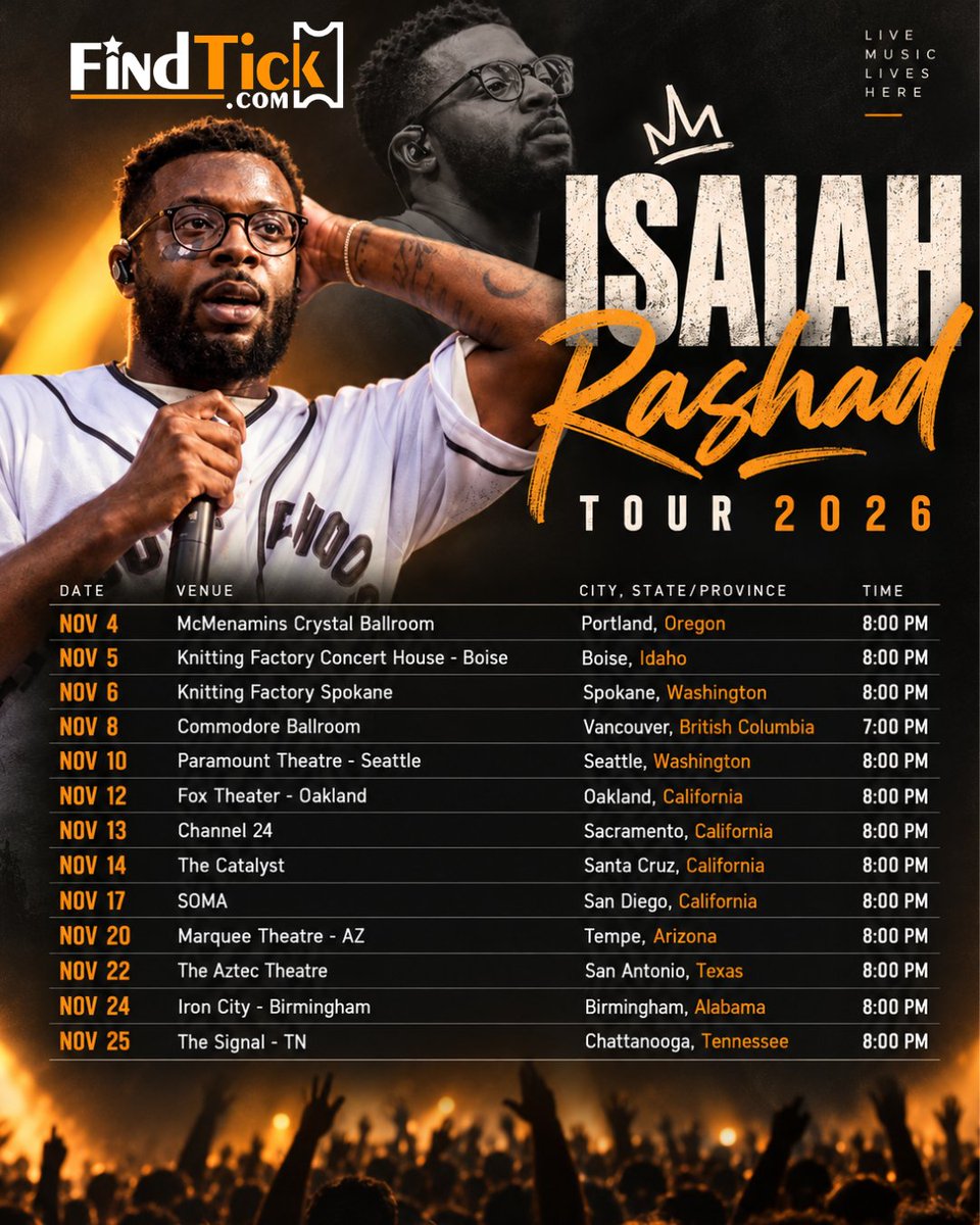 Findtickoffical's tweet photo. @isaiahrashad  – Tour 2026 🎤🔥
⠀
Laid-back flows, soulful production, introspective lyrics, and immersive hip-hop energy return in 2026.
⠀
🎟️ Find your tickets with FindTick.
https://t.co/k3VO94LDBO
⠀
#isaiahrashad #hiphop #liveconcert #findtick https://t.co/5lucjYYPFT