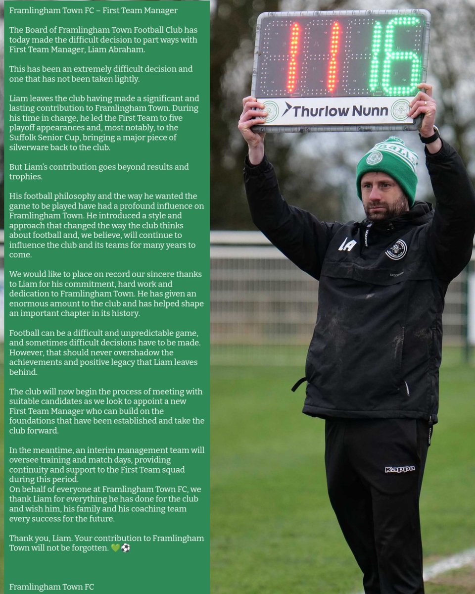 TheCastlemen's tweet photo. The Board has made the difficult decision to part ways with First Team Manager, Liam Abraham.
We place on record our sincere thanks for his commitment, hard work and dedication to Framlingham Town.
Thank you, Liam. πβ½οΈ #upthecastlemen https://t.co/cJ8nLtnPoy