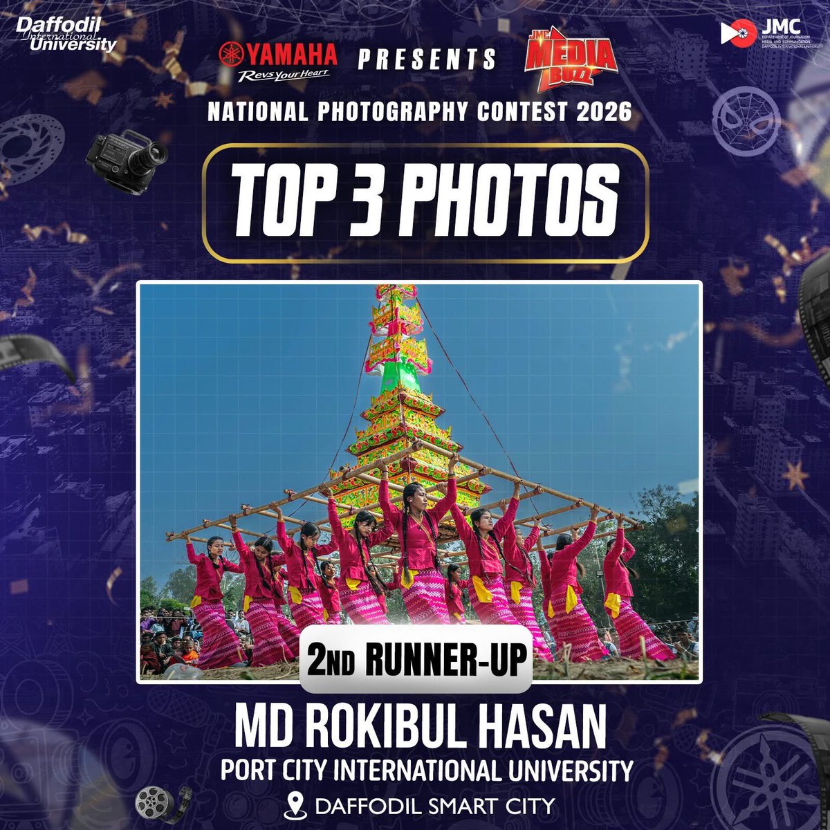 TravelWireX's tweet photo. 📍 Reporting from Media Buzz 2026

The National Photography Contest 2026 has announced its top three winners! 📸🏆

🥇 Tajim Uddin
🥈 MD. Imran Parvez
🥉 MD Rokibul Hasan

Congratulations to all! 👏

#MediaBuzz2026 #JMC #DIU #PhotographyContest @MoJoJamil https://t.co/enHgDdScPz