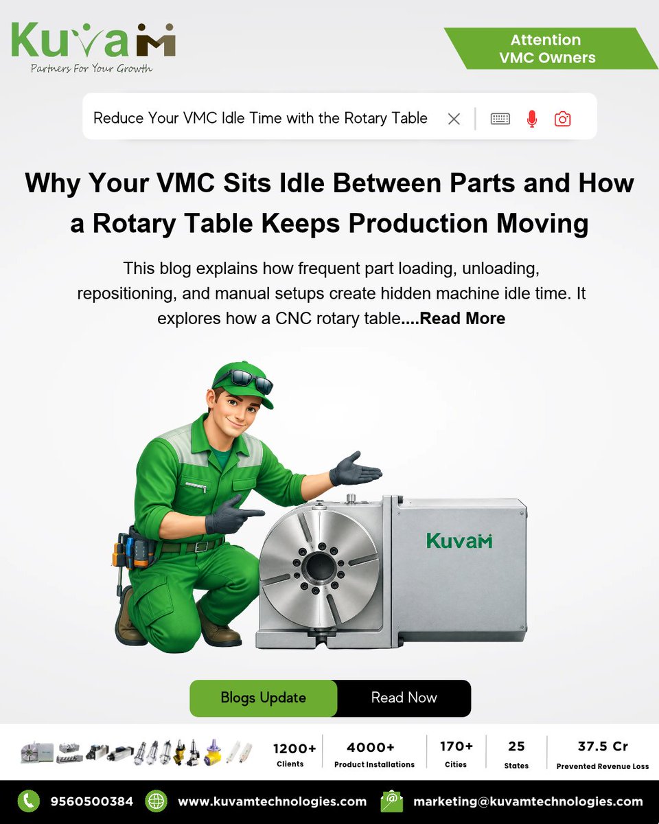 kuvamTechnology's tweet photo. How a Rotary Table Prevents Your Machine from Sitting Idle Between Small Parts ⚙️⏱️
Read the complete blog. 📃 Link in the comments. 👇
#rotarytable #IncreaseProductivity #rotarytableforvmc #4thaxisrotarytable #doubleproductivity https://t.co/KUScwQL5DU