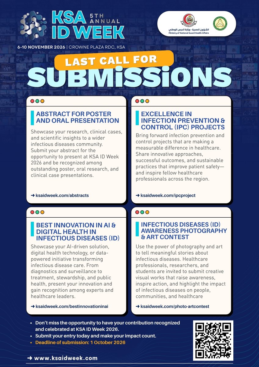 IDprofs's tweet photo. ⏳ LAST CALL FOR SUBMISSIONS! 📅 Deadline: 1 October 2026

🔬 Poster &amp; Oral Abstracts
🛡️ IPC Projects
💡 AI &amp; Digital Health Innovations
📸 ID Awareness Photography &amp; Art
Submit now: https://t.co/lE7NvY6ltJ https://t.co/yTyq99i9jR