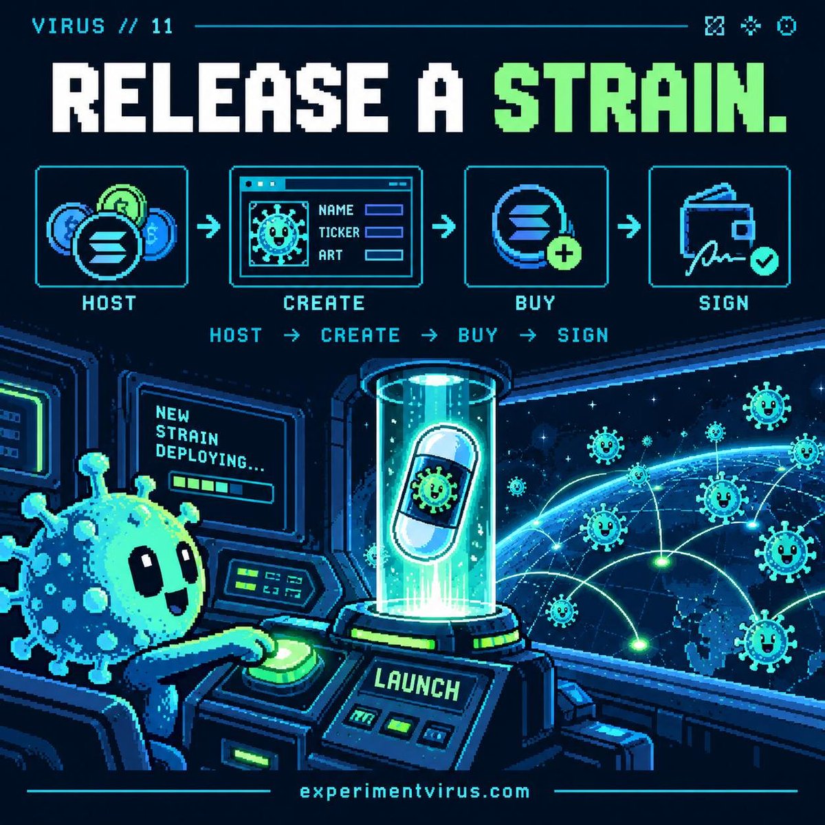 exp_virus's tweet photo. Launching a coin used to mean begging for attention.

On $VIRUS, you point it at a community that already exists. Part of its fees buy your coin and drop it into their wallets.

You get 15% of fees in SOL. They get free supply. $VIRUS gets burned.

Everyone eats. https://t.co/j3wuzWke8Y