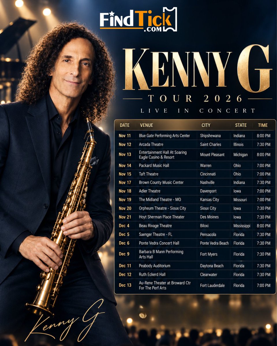 Findtickoffical's tweet photo. @kennyg  – Tour 2026 🎷✨
⠀
Signature saxophone melodies, smooth jazz, elegant musicianship, and memorable live performances return in 2026.
⠀
🎟️ Find your tickets with FindTick.
https://t.co/f2jbItOzUt
⠀
#kennyg #smoothjazz #liveconcert #findtick https://t.co/s0RvBj4O9O