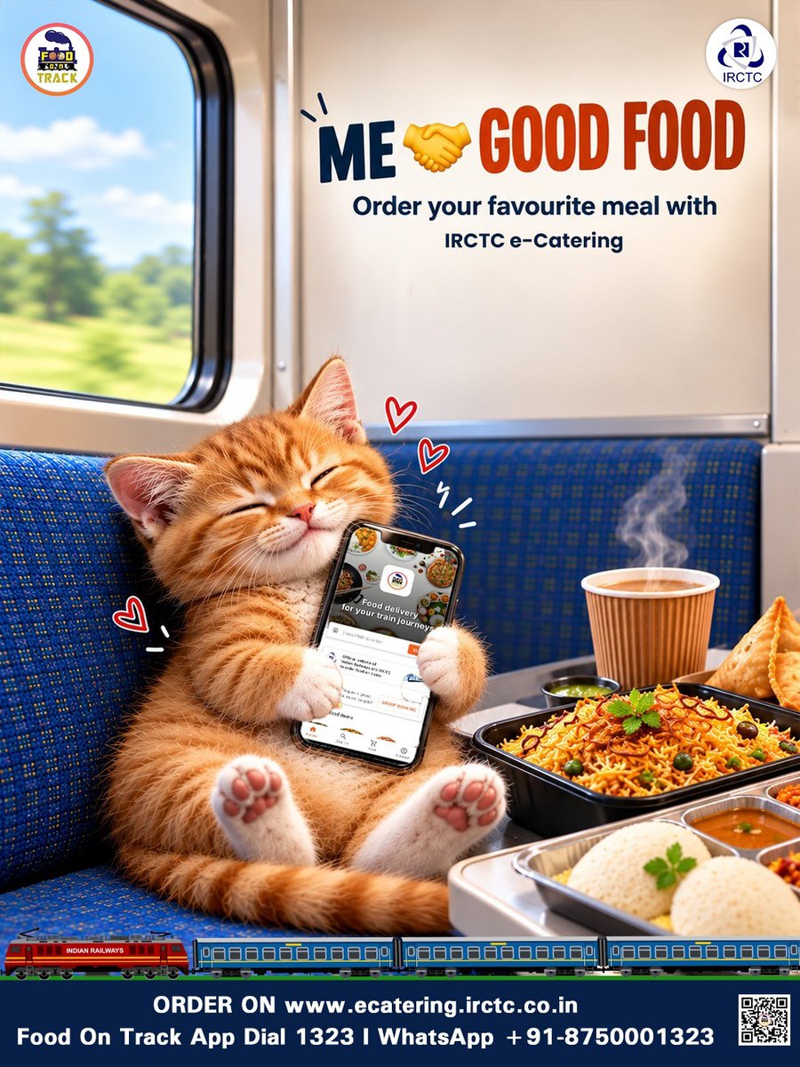 eCateringIRCTC's tweet photo. Some journeys are better when your favourite food travels with you.
Whether it’s biryani, pizza, chai and samosa, or simply the meal you’ve been craving, IRCTC e-Catering makes it easy to order food during your train journey.

Just place your order and get your favourite meal delivered to your coach.

Me. Good Food. Every Journey.
🌐 https://t.co/sj0NT7G2Cn
📲 Install #FoodOnTrack app
📞 Call 1323
📱 WhatsApp +91-875000132