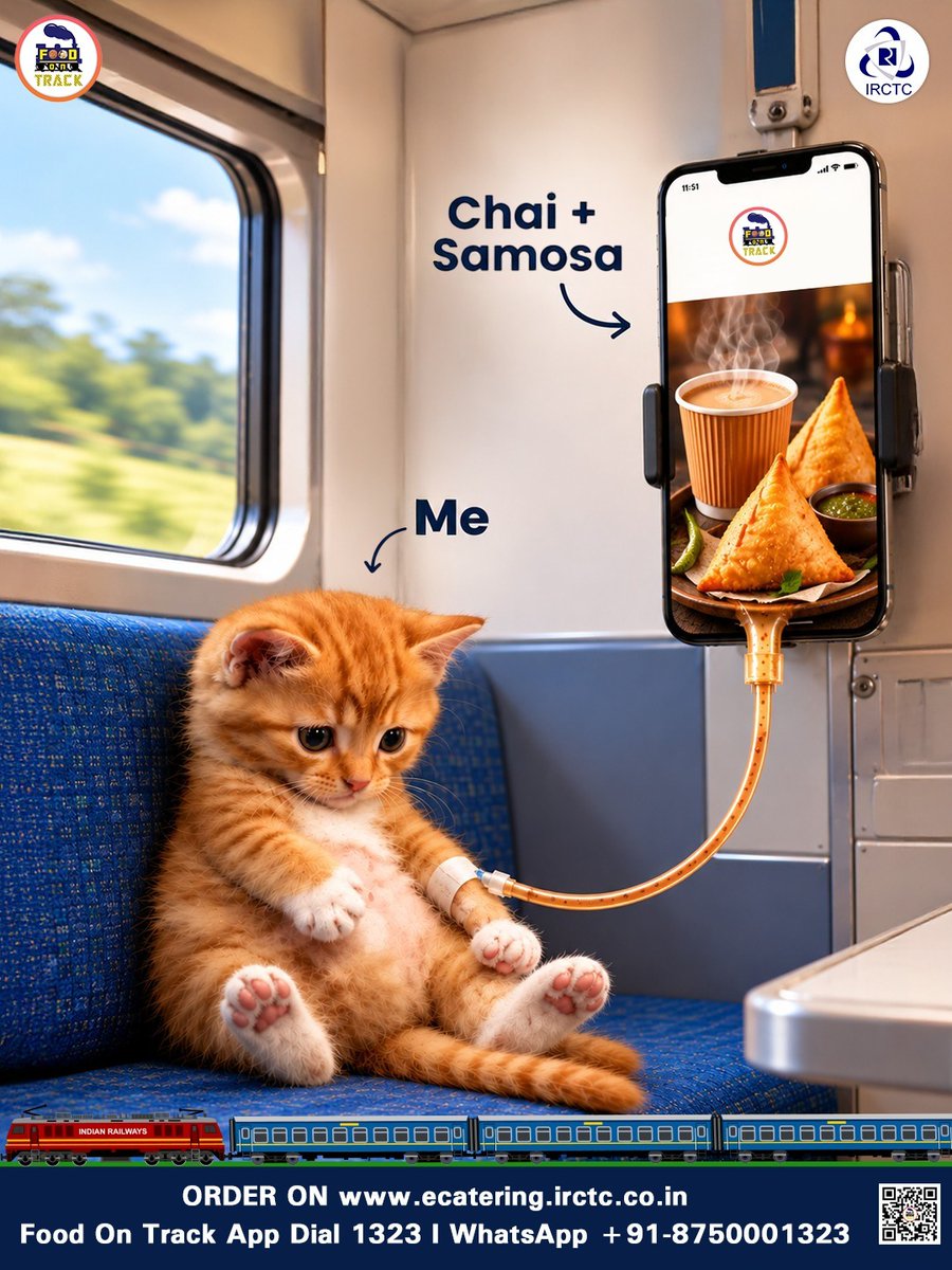 eCateringIRCTC's tweet photo. Some journeys are better when your favourite food travels with you.
Whether it’s biryani, pizza, chai and samosa, or simply the meal you’ve been craving, IRCTC e-Catering makes it easy to order food during your train journey.

Just place your order and get your favourite meal delivered to your coach.

Me. Good Food. Every Journey.
🌐 https://t.co/sj0NT7G2Cn
📲 Install #FoodOnTrack app
📞 Call 1323
📱 WhatsApp +91-875000132