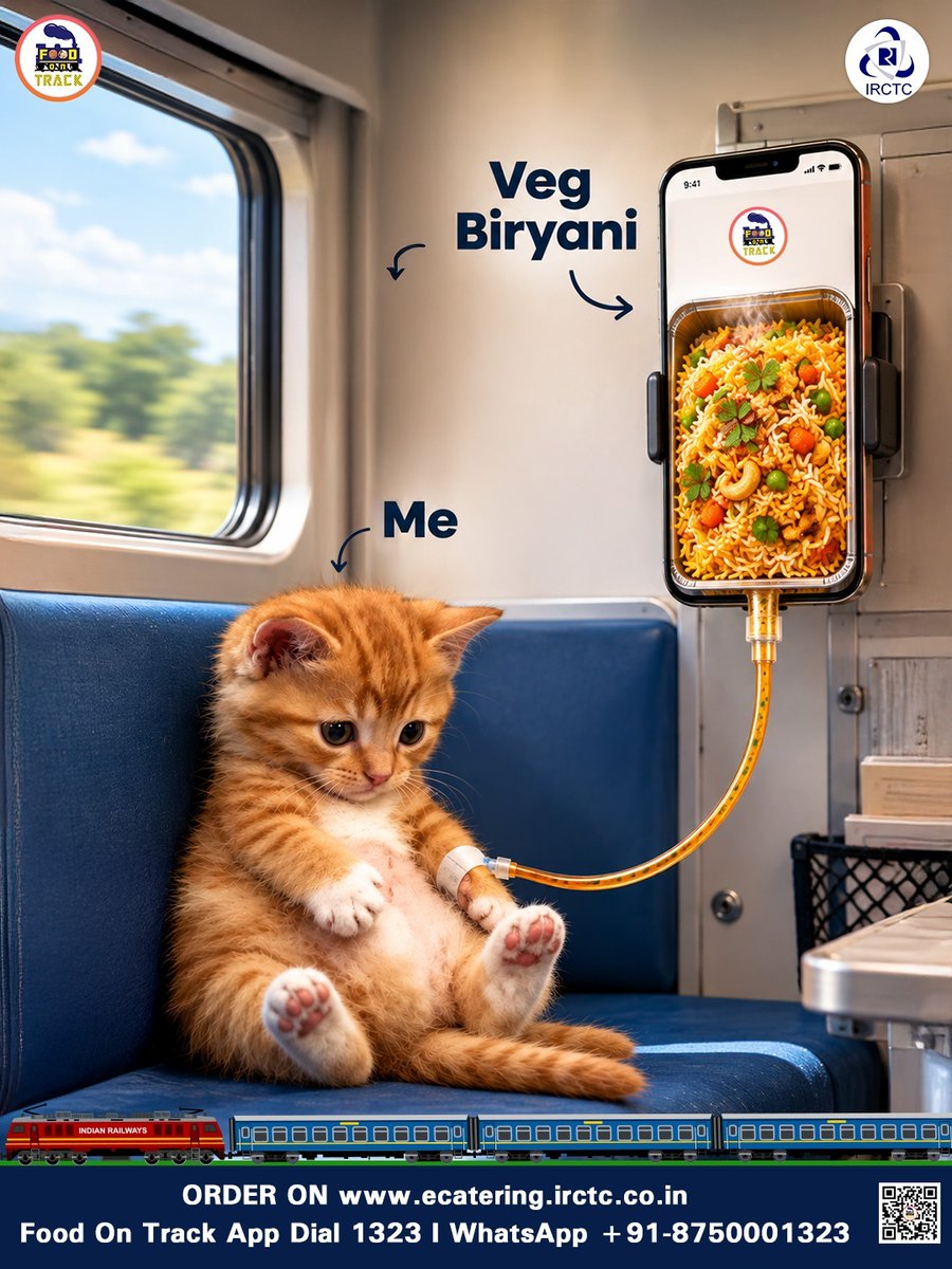 eCateringIRCTC's tweet photo. Some journeys are better when your favourite food travels with you.
Whether it’s biryani, pizza, chai and samosa, or simply the meal you’ve been craving, IRCTC e-Catering makes it easy to order food during your train journey.

Just place your order and get your favourite meal delivered to your coach.

Me. Good Food. Every Journey.
🌐 https://t.co/sj0NT7G2Cn
📲 Install #FoodOnTrack app
📞 Call 1323
📱 WhatsApp +91-875000132
