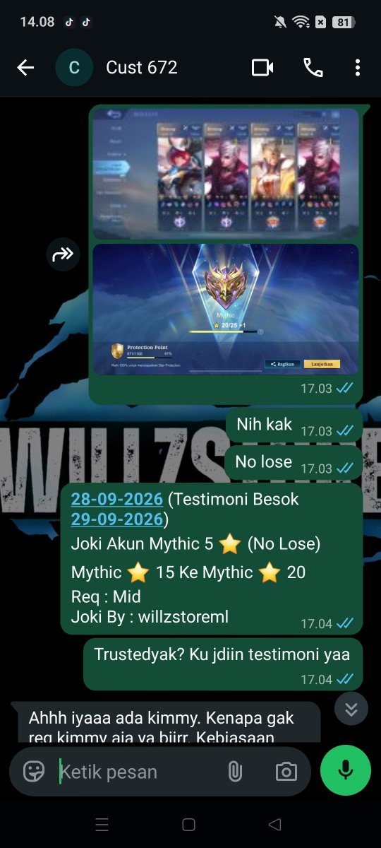 willzstoreml's tweet photo. 29-09-2026 
Testimoni Joki Akun Mythic 5 ⭐ (No Lose)
Mythic ⭐ 15 Ke Mythic ⭐ 20
Req : Mid

Yang mau Joki ML / Joki Akun Bisa Langsung WA ya :
Epic 4K / ⭐
Legend 5K / ⭐
Mythic 7,5K / ⭐ https://t.co/dSGyzVcI10