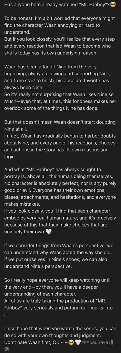 kokkodecoco's tweet photo. #MrFanboyEP5 ( #savewrg ♡ )
save really read every posts, comments and reviews from online 😭 seriously Mr.Fanboy needs to be viewed from every angle. If you take the time to understand each character’s situation and state of mind, you can actually understand why they behave the way they do. I really hope everyone won’t judge every character from a god’s-eye view. Mr. Fanboy is meant to portray real human emotions in industry right. People are imperfect but everyone has their own reasons for what they do. And like how save explain about wan, I thought that, as fans, we would be the ones who understand his feelings and actions the most. He isn’t that naive. Just imagine, you’ve been following and loving someone all this time. At the beginning, who wouldn’t want to protect them and continue believing in them? Wan just needs time to process since he found out the truth now 🥺