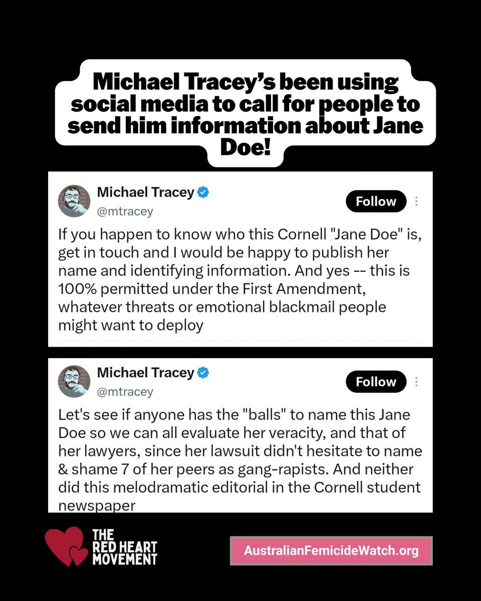 ShereleMoody's tweet photo. Michael Tracey is among the men trying to out Jane Doe. She's the woman who was raped by the seven Cornell University students. 
Tracey’s been using social media to call for people to send him information about her and promising to identify Jane Doe if he can get the information he needs. 
Tracey has form for demeaning sexual assault survivors, including victims of Jeffrey Epstein and Andrew Mountbatten-Windsor.
He does this under the guise of free speech and freedom of the press. 
The only person who should identify Jane Doe is Jane Doe. 
Otherwise, we need to protect her identity at all costs.