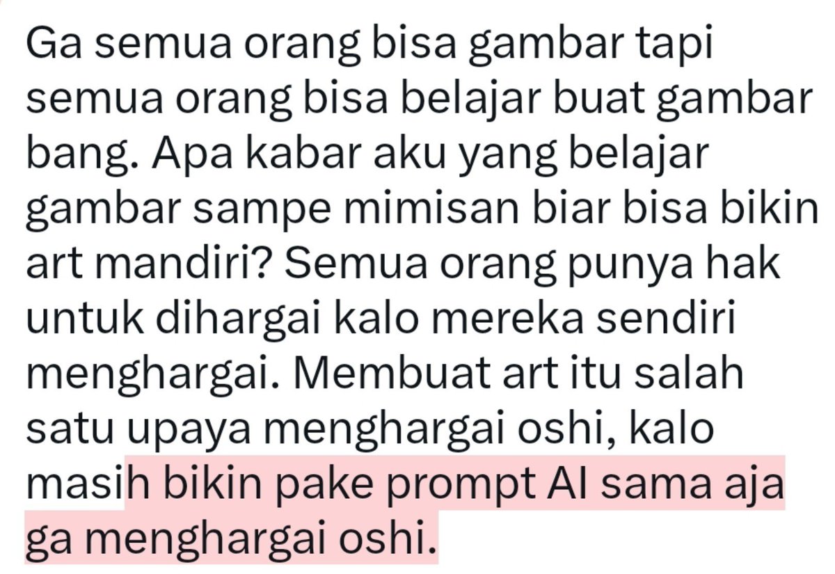 ShaainaShyne's tweet photo. An art commission exist for a reason. Gausah pake alasan "ga semua orang bisa gambar". Prompting is not the way to respect your oshi, drawing or learning to draw so you can draw FOR your oshi is much much much respectful. https://t.co/wmU3ICCM7I