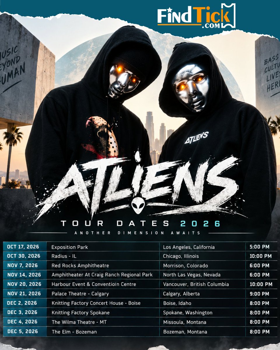 Findtickoffical's tweet photo. @ATLiensOfficial  – Tour 2026 👽🔥
⠀
Heavy bass, futuristic production, immersive visuals, and explosive electronic energy hit the stage in 2026.
⠀
🎟️ Find your tickets with FindTick.
https://t.co/AttUH7mAhM
⠀
#atliens #bassmusic #liveconcert #findtick https://t.co/j3No654v01