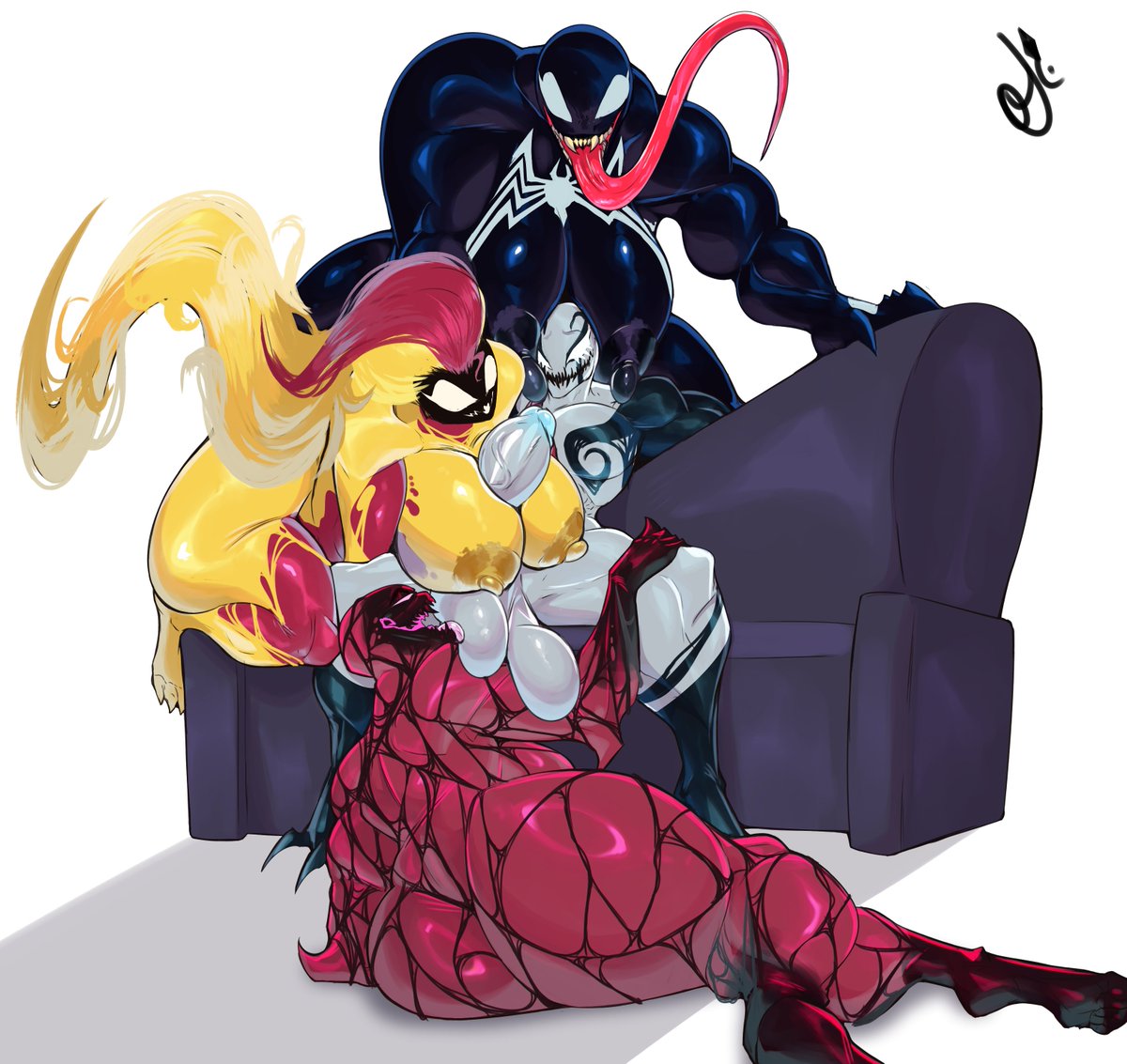 DustyJcircus's tweet photo. comm from a while back for @KV_Lair 
a wonderful spot to be in~
#SheVenom #ocart #screamsymbiote #Carnage https://t.co/hnzjhPQxYD