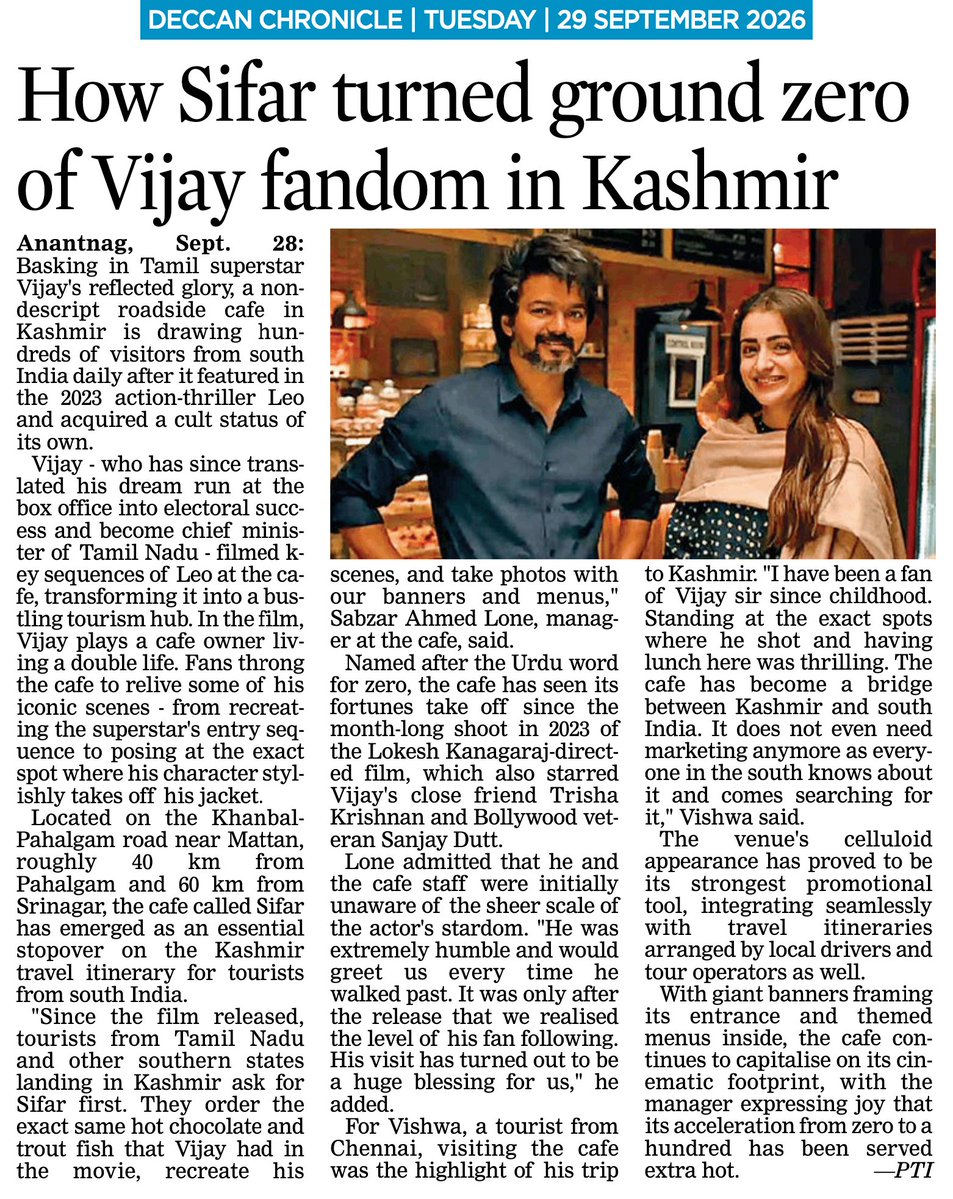 beastoftraal's tweet photo. "Since the film released, tourists from Tamil Nadu and other southern states landing in Kashmir ask for Sifar first. They order the exact same hot chocolate and trout fish that Vijay had in the movie, and take photos with our banners and menus. It was only after the release that we realised the level of his fan following."