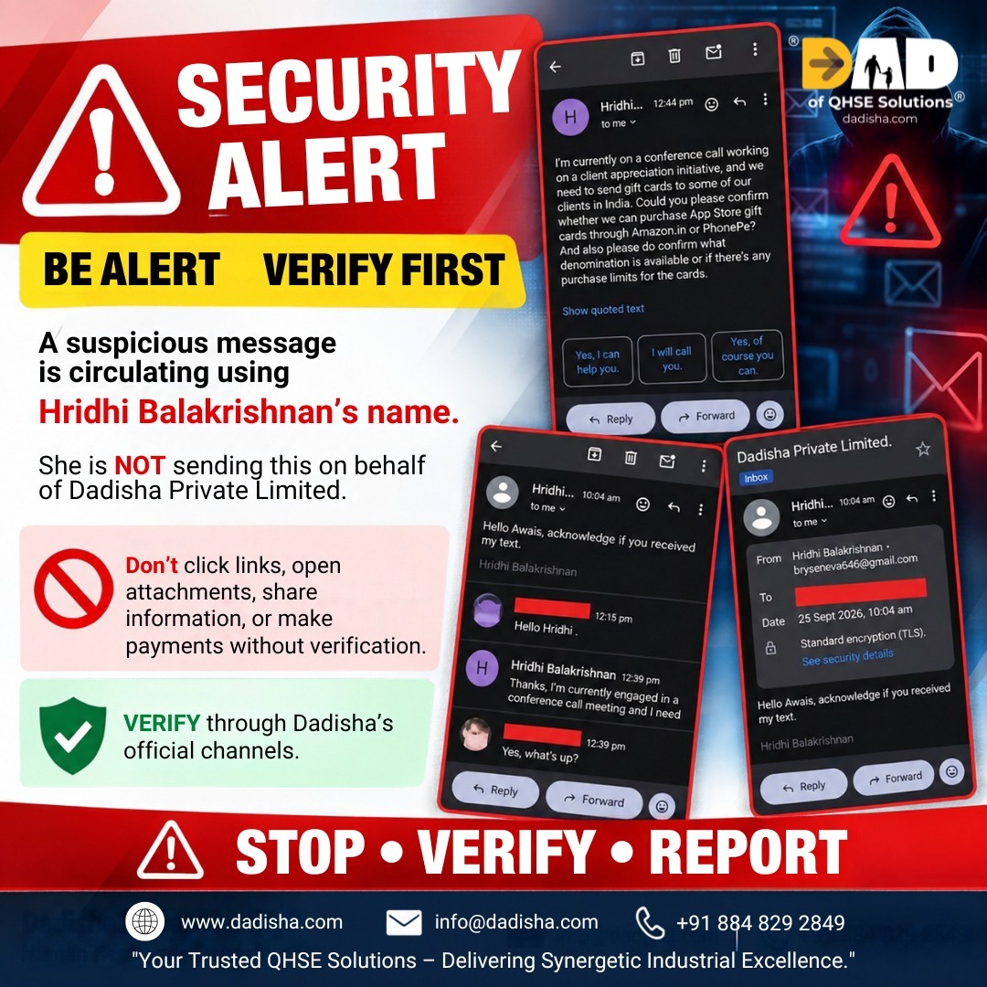 DadishaMarket's tweet photo. 🚨 SECURITY ALERT

A suspicious message is circulating using Hrídhi Balakrishnan’s name.

 Don’t click or pay without verification.
 Verify through official Dadisha channels.
STOP • VERIFY • REPORT
https://t.co/Vs9s26xN8I

#SecurityAlert #CyberSecurity #Phishing #Dadisha https://t.co/bWk3OzXL5H