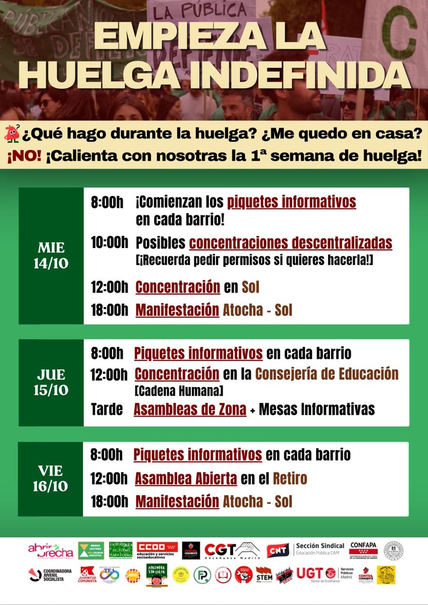 CGTMadrideduc's tweet photo. CALENDARIO 1º SEMANA DE HUELGA

¿Que hago durante la huelga?
¿Me quedo en casa?
NO‼️

Es importante visibilizar la protesta en las calles: concentraciones, manifestaciones, acciones descentralizadas, piquetes, asambleas...

💥💚💚¡¡¡EMPIEZA LA HUELGA INDEFINIDA!!!❤️🖤💥 https://t.co/ZRg1tG3JA1
