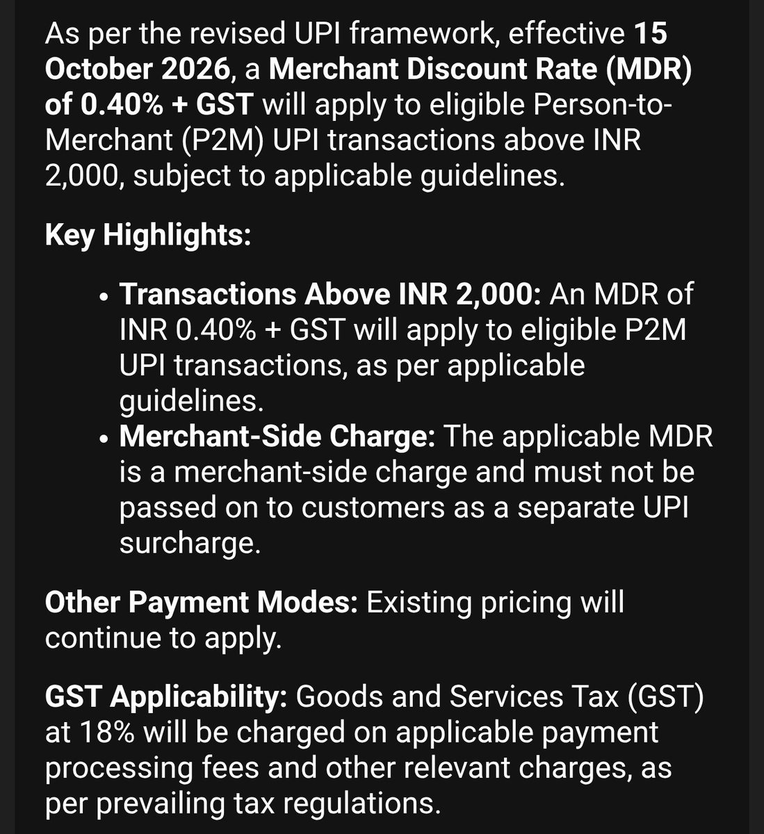 priteshlakhani's tweet photo. UPI MDR ate 94% of our margins. 

We earn ₹50 on a ₹10,000 order. From Oct 15, UPI takes ₹47.20 of it.

Pneucons earns 0.5% commission on the order value before tax. 

The math:
Customer pays: ₹10,000 + 18% GST = ₹11,800
We earn: 0.5% of ₹10,000 = ₹50
UPI MDR: 0.4% of ₹11,800 = ₹47.20
Left: ₹2.80

That's 94% of our margin gone on every UPI order above ₹2,000.

It's worse because MDR is charged on the GST too: we earn on ₹10,000 but pay MDR on ₹11,800. That costs us an extra ₹7.20.

The ₹8.50 GST on MDR is claimable, but it's paid upfront. That's working capital stuck on every order.

@kushgrwl bhai was confident fintech will bear the cost for the data they get while i was of an opinion they will also add their own mark up on top of it. Turns out we both are wrong.