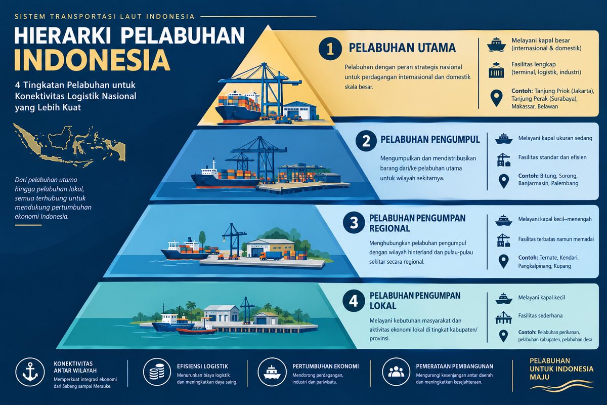 DwipaOpenMarine's tweet photo. Indonesia has 4 types of ports: 

1. Main Port / Pelabuhan Utama
2. Collector Port / Pelabuhan Pengepul
3. Regional Feeder Port / Pelabuhan Pengumpan Regional 
4. Local Feeder Port / Pelabuhan Pengumpan Lokal

There are total 600+ ports, but only a few dozen are Main Ports. https://t.co/hSBjnzYG5p