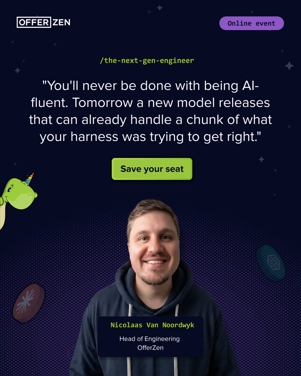 OfferZen's tweet photo. Nick van Noordwyk recently interviewed engineering candidates who all claimed to be AI-fluent. After a few follow-up questions, most were just getting started with delegating to agents.

For Nick, the gap between using AI and getting good work out of agents comes down to setup. His team went from pairing with AI to running agents in the background by restructuring their repos and building the environment agents need to produce work worth shipping.

This Thursday, Nick will show what they’ve set up and walk through how they ship a feature with agents, end to end.

📅 1 October | 12:00 SAST
🎟️ Save your seat: https://t.co/pY4jPfkqt8