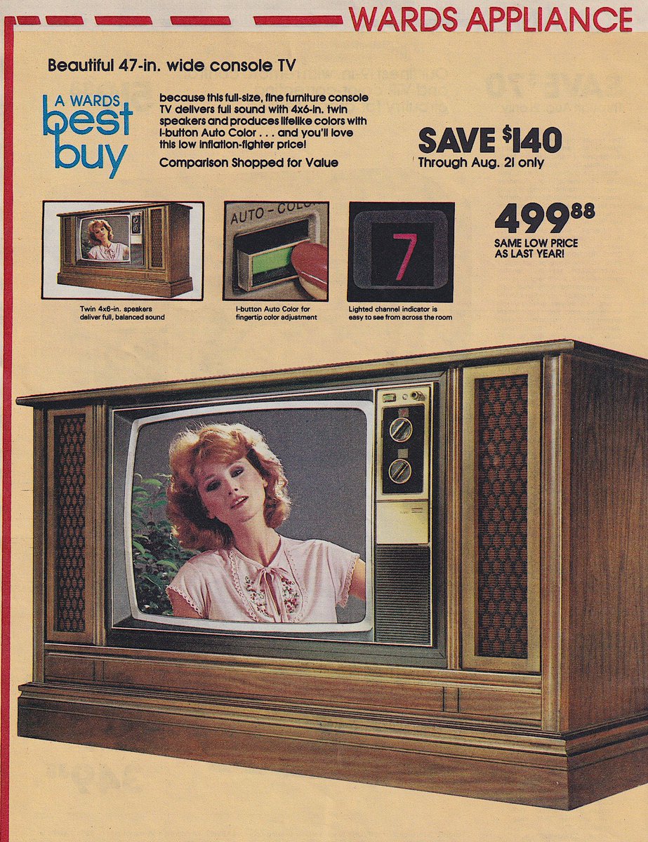 RetroNewsNow's tweet photo. Beautiful 47-in. wide console TV (Montgomery Ward, 1979) https://t.co/Br3oCL3GXH
