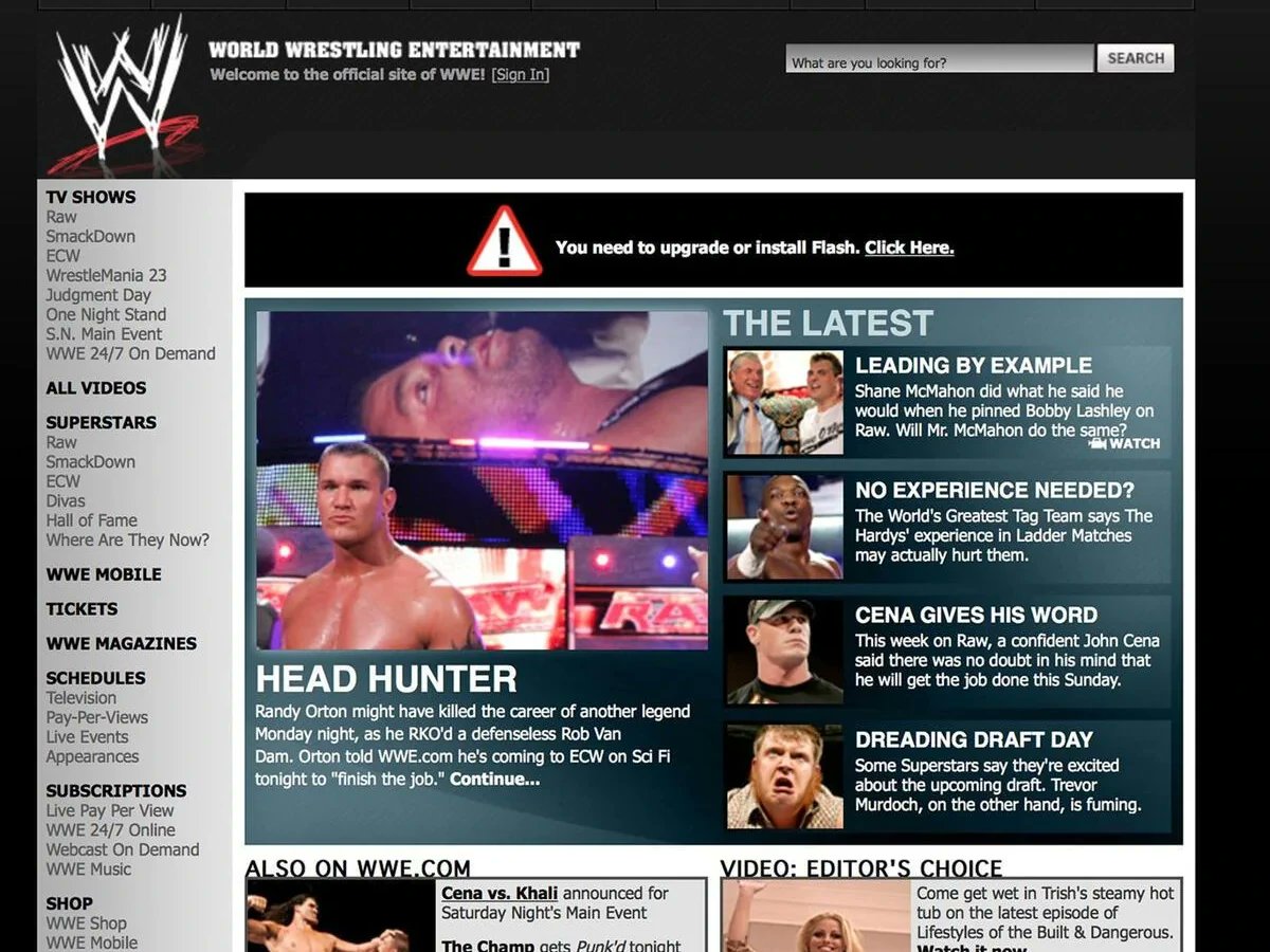 RuthlessAggresr's tweet photo. The WWE website in 2007 https://t.co/zyeGJNA42A